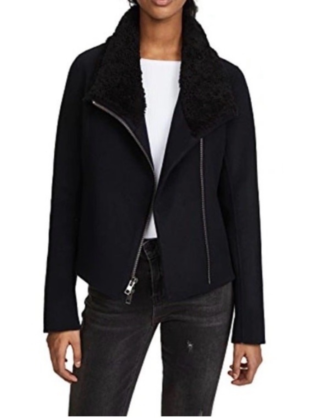 Vince Black Asymmetric Zip Jacket with Faux double Shearling Collar